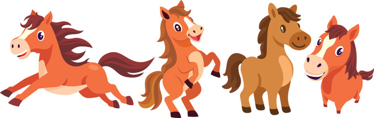 Chinese New year 2026. Set of cute cartoon horses in different poses illustration