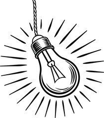 Black silhouette of a lightbulb hanging from a wire with radiating light rays silhouette