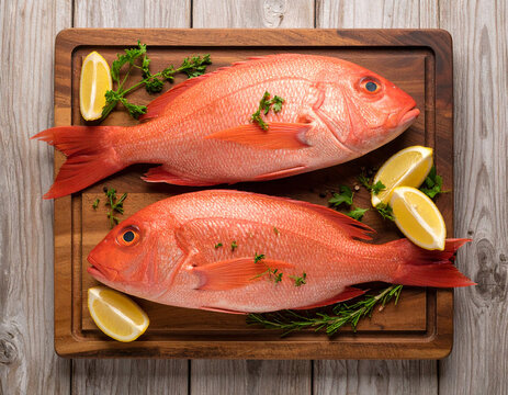 Fresh Red Snapper on Wooden Board with Lemon and Herbs, Ready to Cook