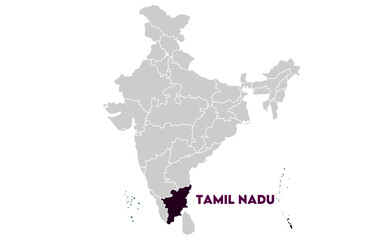 Tamil Nadu map highlighted with name, Indian states, suitable for education, business, presentations, print, web use, and creative geographic projects. Indian union territory.