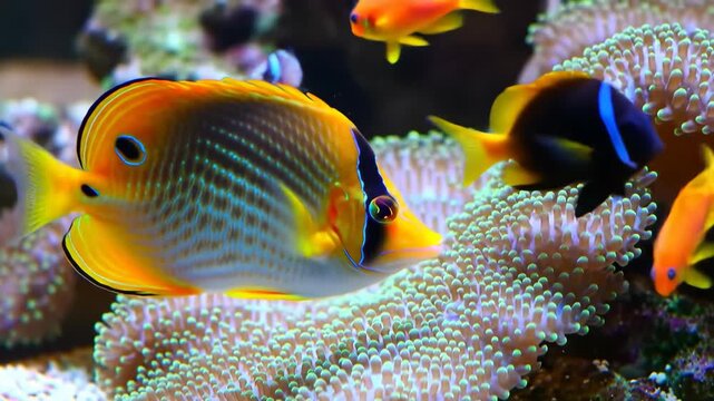 Exotic butterflyfish swimming in coral reef with other marine life