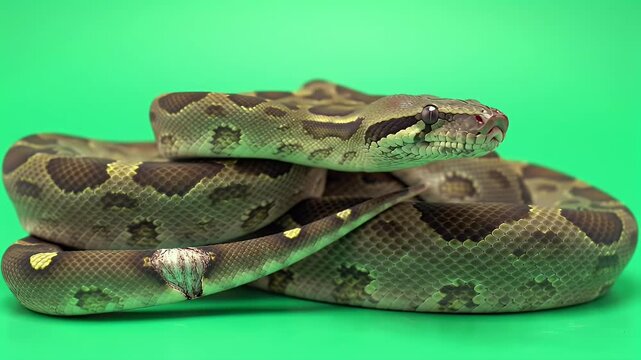 Patterned Boa Constrictor Coiled on Vibrant Green Background, Close-up of Exotic Reptile with Intricate Scales and Watchful Eyes