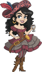 Beautiful female pirate cartoon character with curly black hair, feathered hat, corset dress, striped leggings, holding a goblet, confident pose vector illustration