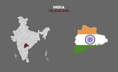 Telangana map with Indian flag, Indian states, suitable for education, business, presentations, print, web use, and creative geographic projects. Indian union territory.