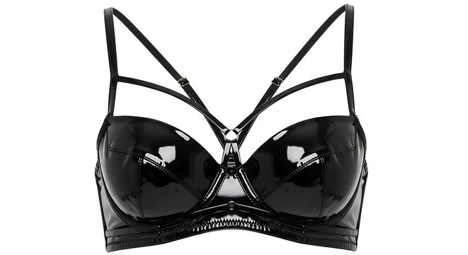 Edgy Black Patent Leather Cage Bra Isolated on White Background