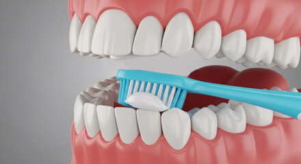 Obraz premium Close up of a healthy human mouth with white teeth being brushed with a blue toothbrush and a red heart symbol representing dental care and love for oral hygiene