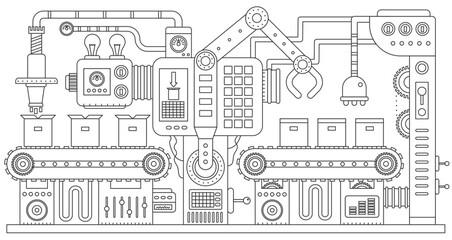 Industry production, manufacture and conveyor machines thin line infographic vector illustration. Abstract factory assembly chain, automatic machinery for moving boxes and distribution operation