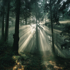 Obraz premium Sun rays breaking through dense forest trees in morning mist.