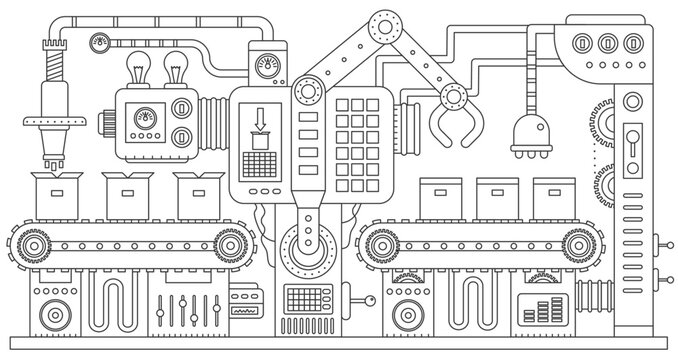 Industry production, manufacture and conveyor machines thin line infographic vector illustration. Abstract factory assembly chain, automatic machinery for moving boxes and distribution operation