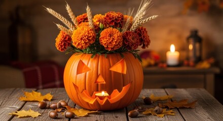 Carved pumpkin centerpiece with autumn flowers and flickering candle creates a warm Halloween atmosphere.