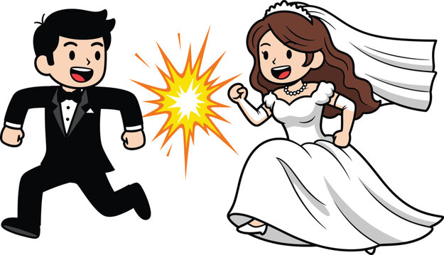 Cartoon bride and groom running happily, wedding couple illustration, fun marriage concept, joyful celebration moment, romantic characters in tuxedo and wedding dress, vector