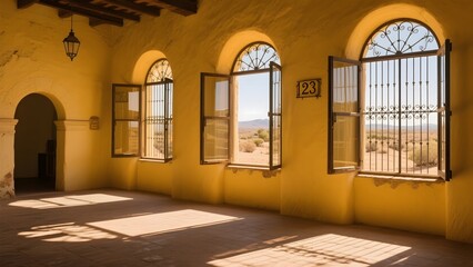 Sunlit interior of a yellow building with arched windows overlooking a desert landscape