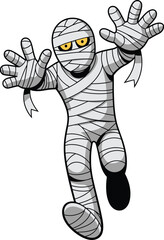 Cartoon jumping mummy illustration, wrapped Halloween monster, spooky undead character design, creepy costume figure, Egyptian horror theme vector, isolated on white background