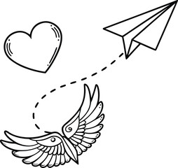 Stylized heart with wings and paper plane silhouette design