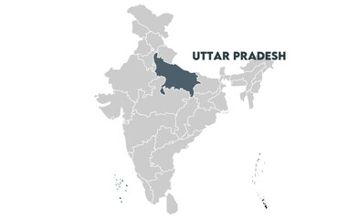 Uttar pradesh map highlighted with name, Indian states, suitable for education, business, presentations, print, web use, and creative geographic projects. Indian union territory.