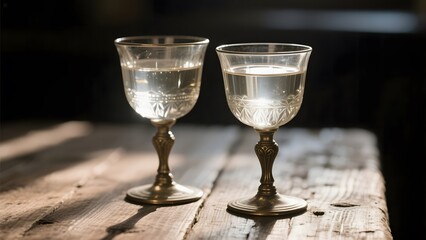 Two ornate goblets filled with liquid on a rustic wooden table