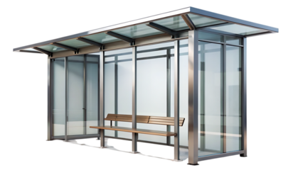 Empty Bus Stop Shelter with Glass and Metal Design – Isolated on Transparent Background, AI Generated
