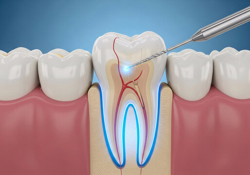 Close up 3d illustration of a tooth undergoing root canal treatment with a dental drill cleaning the infected pulp cavity