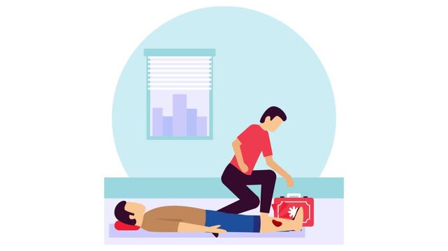 doctor treating patient with leg injury animation, medical first responder in action with trauma kit animated video, first aid people clip, emergency technician footage, Saving Lives services motion 