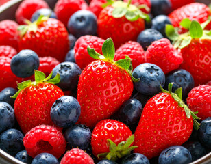 Obraz premium Fresh Summer Berries: Strawberries, Blueberries, and Raspberries Close-Up