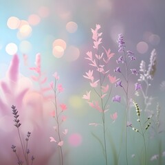 Whispers of wildflowers in a soft, dreamy meadow, a delicate ballet of nature's artistry. Pastel hues blend in a serene scene of blossoms and ethereal light