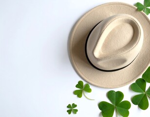 Beige Fedora Hat with Vibrant Green Clover Leaves on White Background.