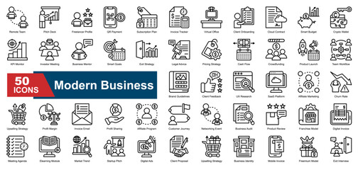Modern Business icon set featuring essential business concepts and strategy. Containing remote teams, pitch decks, invoicing, marketing plans, client onboarding, SaaS platforms, digital payments. 
