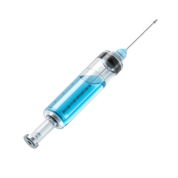 Glass syringe with blue liquid medical equipment isolated transparent background health concept