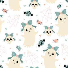 Coquette Halloween ghost seamless pattern, cute skull, spiders and spiderwebs. Spooky Halloween vector background	

