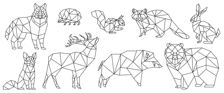 Geometric low poly animals set, black thin line vector illustration. Abstract creative polygonal design with triangle simple shapes for wild deer bear fox hedgehog squirrel raccoon rabbit wolf