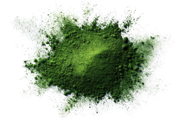 Green powder, splatter, abstract.  A vibrant, concentrated green powder forms a roughly pyramidal shape amidst a splatter of lighter, greyish-white particles