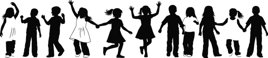 Children silhouette vector, group of kids illustration, playful poses, black and white design, standing children graphic, isolated figures, childhood concept art