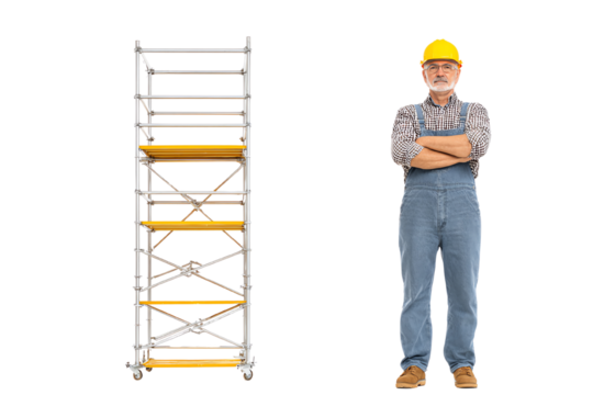 A construction worker standing confidently next to a scaffolding structure, representing dedication and safety in the workplace.