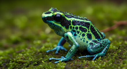 Fototapeta premium Amazon Poison Dart Frog Macro Close-Up with Green and Blue Patterns, Alert Eye, Jungle Moss Background, Wet Natural Textures, Exotic Tropical Amphibian