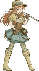 Steampunk anime girl character, stylish fantasy outfit, vintage weapon design, smiling female adventurer, Victorian-inspired costume, retro futuristic style, isolated vector illustration