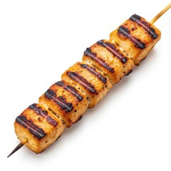 Grilled Salmon Skewer with Charred Grill Marks on White Background fish food