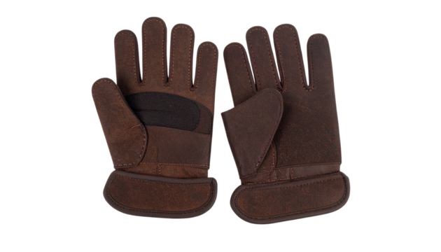A pair of dark brown, durable leather finger guards, meticulously arranged  with no shadows, showcasing intricate details and craftsmanship. Professional product  isolated on transparent background