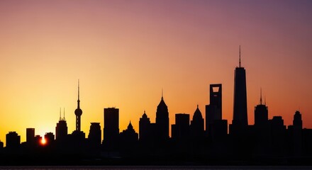 Obraz premium Sunset Cityscape Silhouette, Urban Landscape, Skyline View, Evening Atmosphere, Photography