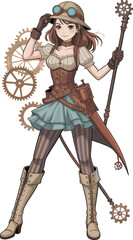 Steampunk anime girl character, Victorian fantasy outfit, mechanical gear staff, confident female pose, retro futuristic fashion, cosplay vector art, isolated illustration