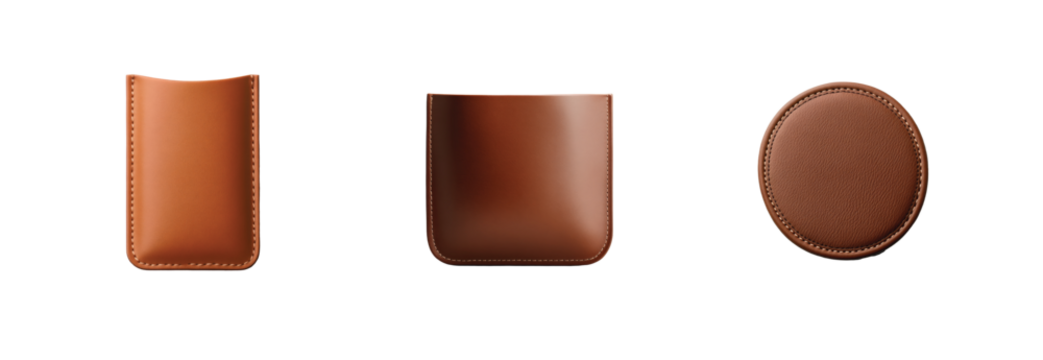 Leather pouch collection showing various styles and shapes in different rich brown tones
