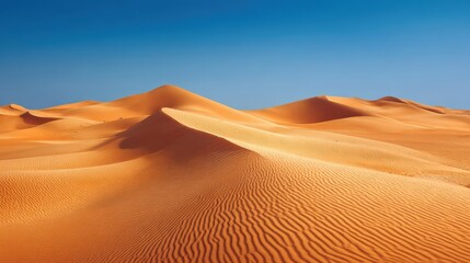 A 4K photo of endless sandy dunes under clear blue sky create tranquil desert.