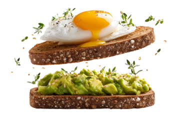 Avocado toast topped with a poached egg, herbs, on a dark brown bread slice, isolated on a white background.