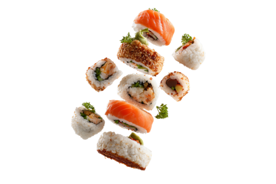 An assortment of sushi rolls featuring fresh seafood, vibrant colors, and garnishes on a white isolated background.