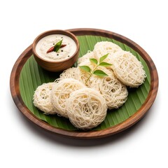 Idiyappam served with coconut chutney on banana leaf and wooden plate string hopper