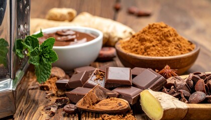 An enticing assortment of chocolate treats with spices and ginger arranged on a wooden surface