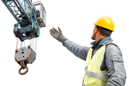 Construction worker directing crane operations at a site, highlighting safety measures with helmet and reflective vest.