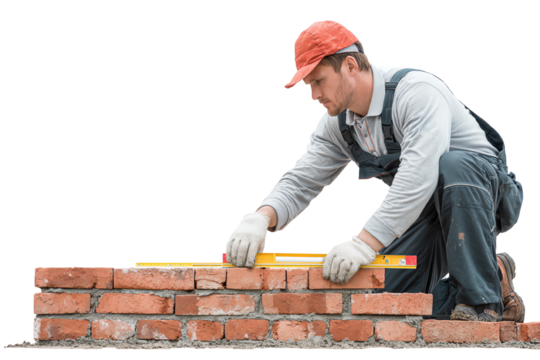 Construction worker measuring and leveling bricks on a building site.
