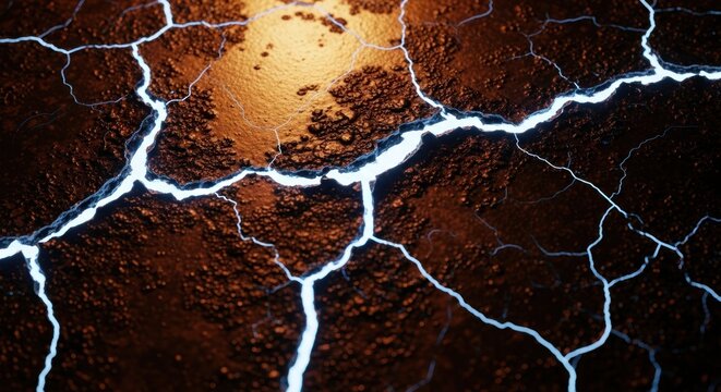 Dramatic abstract texture of cracked earth with glowing fissures, symbolizing destruction and renewal.