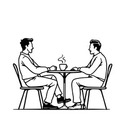 A vector cartoon illustration shows a couple sitting at a cafe table, a man and a woman in silhouette, talking while a businessman works on his computer nearby