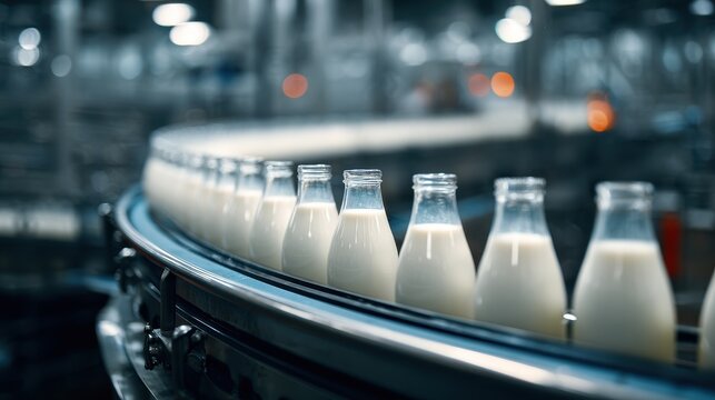 A 4K photo of glass bottles of fresh milk on conveyor belt in dairy processing plant.